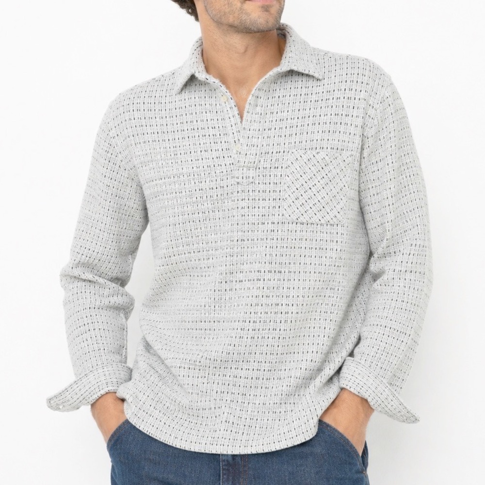 Portuguese Flannel Textured long-sleeve knit Pullover Polo Shirt Size XL Woven